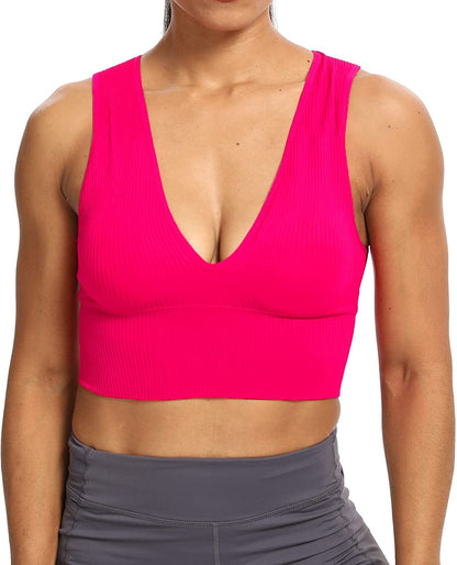 Women'S Sexy Sleeveless Seamless Crop Top Deep Plunge V Neck Ribbed Tank Top with Removable Pads Fuschia / Small
