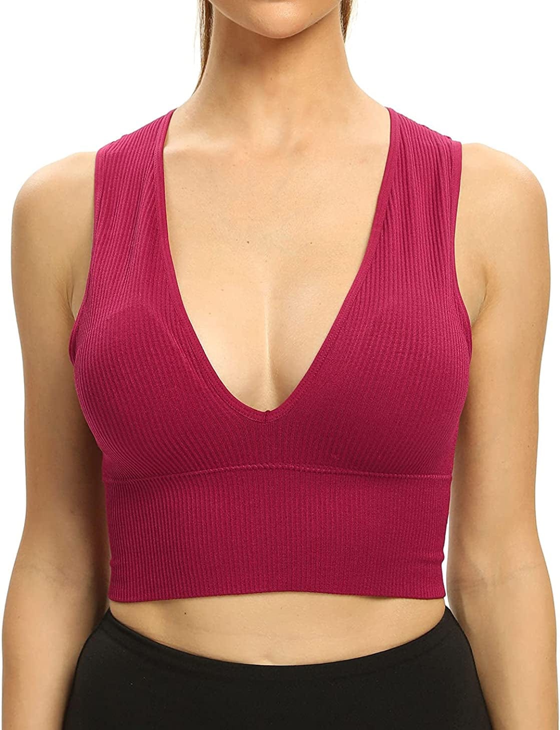 Women'S Sexy Sleeveless Seamless Crop Top Deep Plunge V Neck Ribbed Tank Top with Removable Pads Wine Red / Small