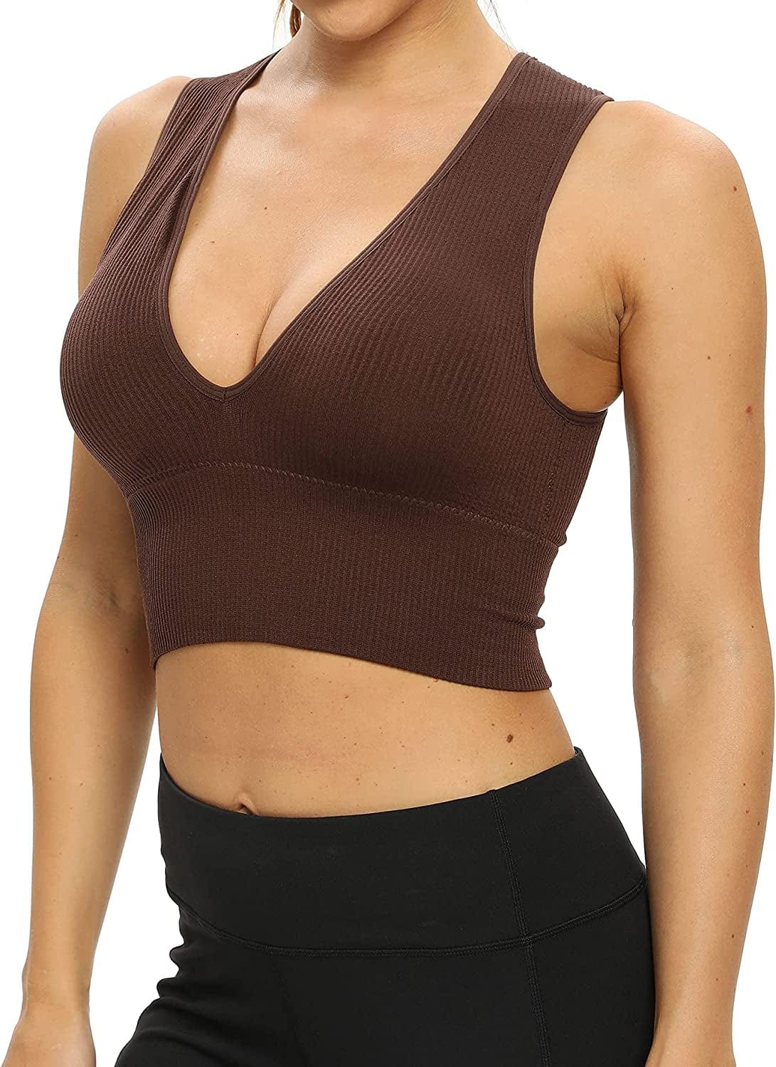 Women'S Sexy Sleeveless Seamless Crop Top Deep Plunge V Neck Ribbed Tank Top with Removable Pads