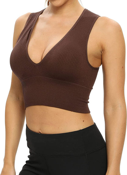Women'S Sexy Sleeveless Seamless Crop Top Deep Plunge V Neck Ribbed Tank Top with Removable Pads