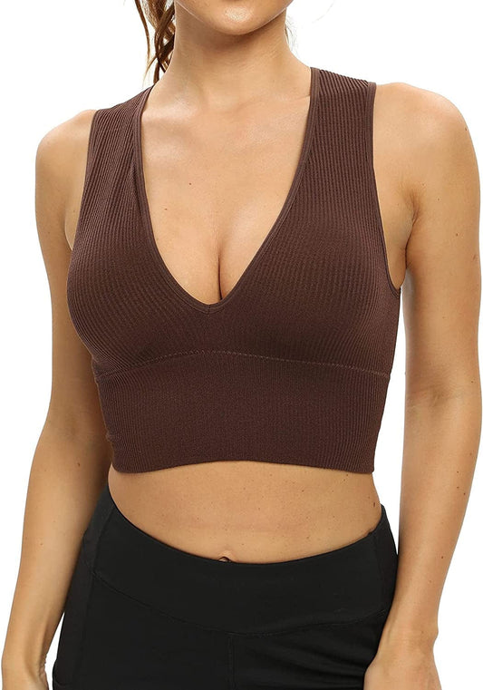 Women'S Sexy Sleeveless Seamless Crop Top Deep Plunge V Neck Ribbed Tank Top with Removable Pads Coffee / Small