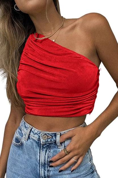 Women'S Sexy Sparkly One Shoulder Crop Tops Sleeveless Ruched Tank Tops Red / Small