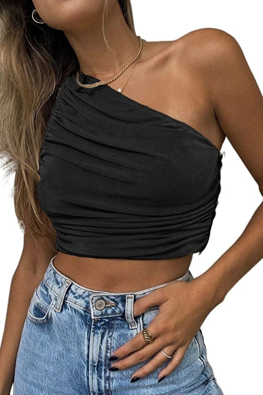 Women'S Sexy Sparkly One Shoulder Crop Tops Sleeveless Ruched Tank Tops 2black / Small