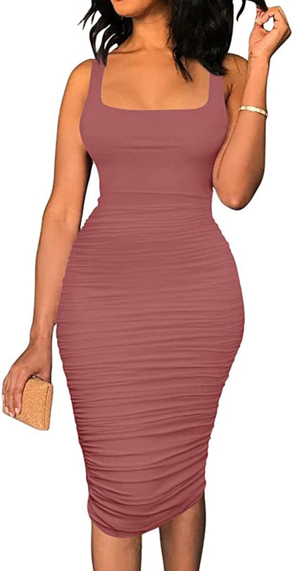 Women'S Sexy Tank Top Bodycon Ruched Sleeveless Basic Midi Party Dress Darkpink / Large
