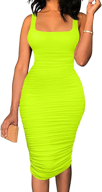 Women'S Sexy Tank Top Bodycon Ruched Sleeveless Basic Midi Party Dress Fluogreen / Large