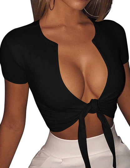 Women'S Sexy Tie up Crop Top Short Sleeve Deep V Neck Casual Basic T Shirt Black / Large