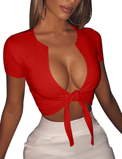 Women'S Sexy Tie up Crop Top Short Sleeve Deep V Neck Casual Basic T Shirt Red / Large