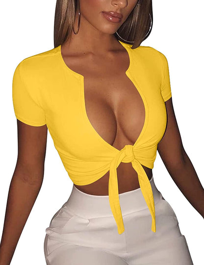Women'S Sexy Tie up Crop Top Short Sleeve Deep V Neck Casual Basic T Shirt Yellow / Large