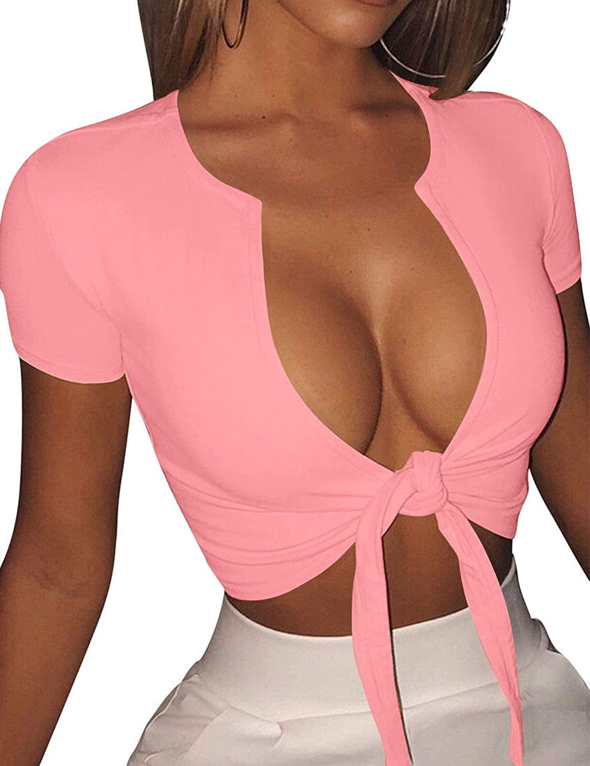 Women'S Sexy Tie up Crop Top Short Sleeve Deep V Neck Casual Basic T Shirt Pink / Large