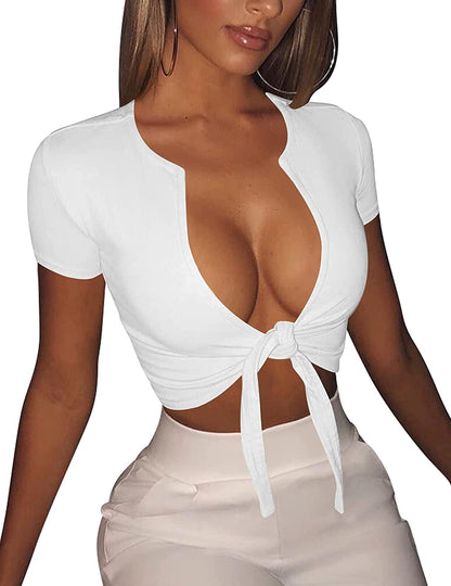 Women'S Sexy Tie up Crop Top Short Sleeve Deep V Neck Casual Basic T Shirt White / Large