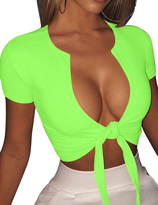 Women'S Sexy Tie up Crop Top Short Sleeve Deep V Neck Casual Basic T Shirt Light Green / Large