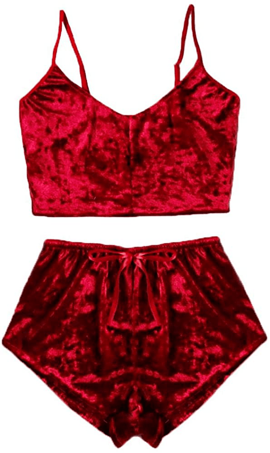 Women'S Sexy Velvet Strappy Camisole Cami Crop Top High Waist Shorts Two Piece Pajama Sleepwear Outfit Nightwear Set Apparel & Accessories > Clothing > Sleepwear & Loungewear Kylie Max   