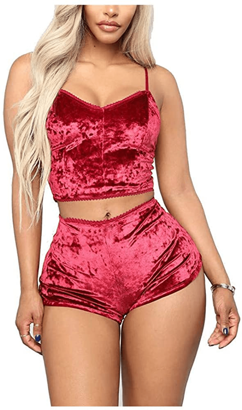 Women'S Sexy Velvet Strappy Camisole Cami Crop Top High Waist Shorts Two Piece Pajama Sleepwear Outfit Nightwear Set Apparel & Accessories > Clothing > Sleepwear & Loungewear Kylie Max   