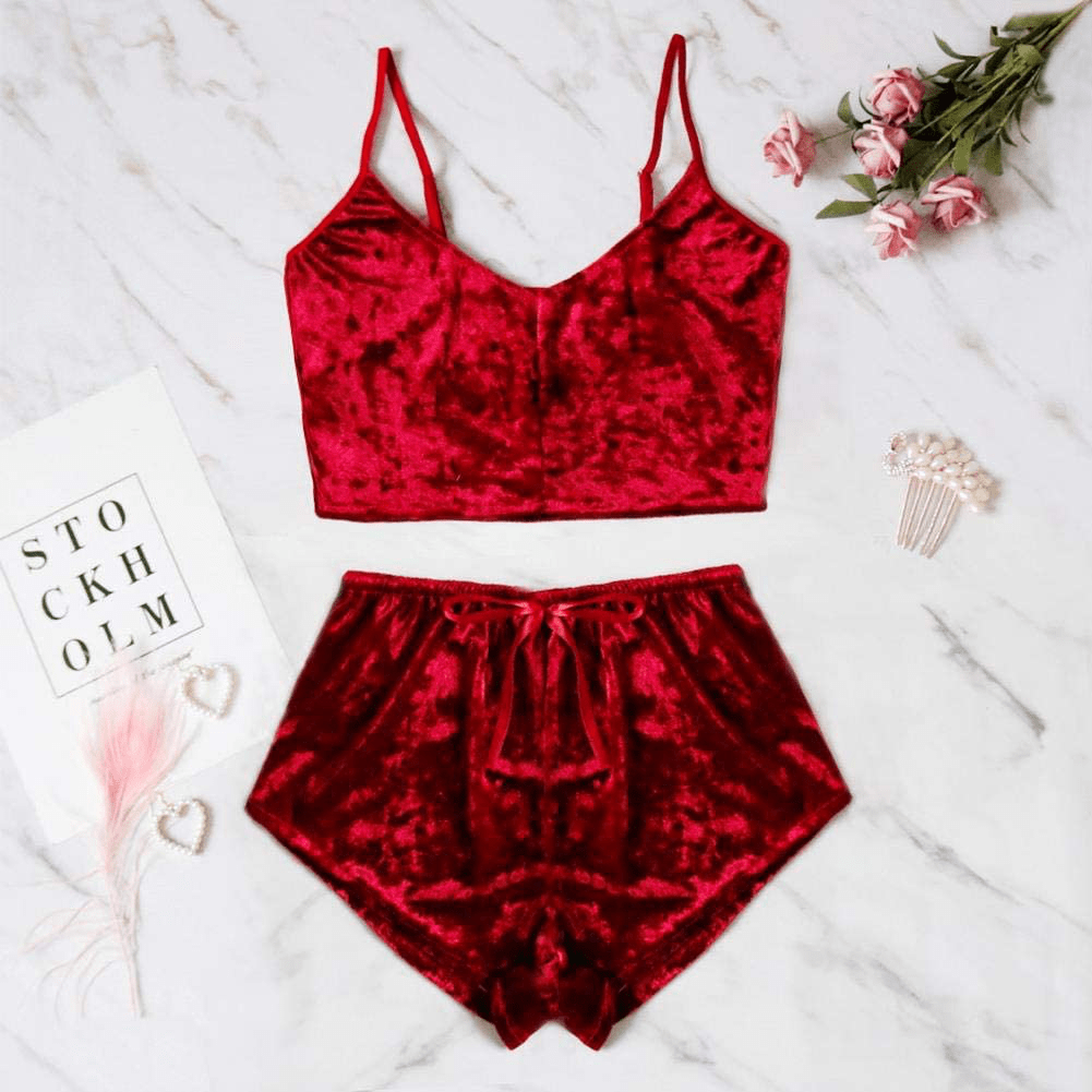 Women'S Sexy Velvet Strappy Camisole Cami Crop Top High Waist Shorts Two Piece Pajama Sleepwear Outfit Nightwear Set Apparel & Accessories > Clothing > Sleepwear & Loungewear Kylie Max   