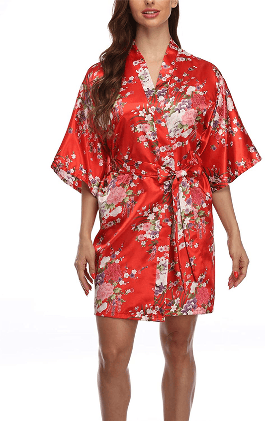 Women'S Short Floral Satin Kimono Robe Blossom Bathrobe for Wedding Party Bridal Dressing Gown Sleepwear Apparel & Accessories > Clothing > Sleepwear & Loungewear > Robes GoodmanShop Bright Red Small 