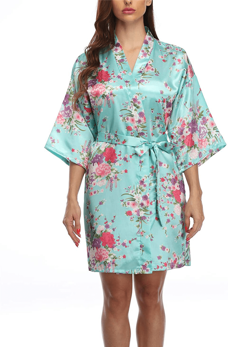 Women'S Short Floral Satin Kimono Robe Blossom Bathrobe for Wedding Party Bridal Dressing Gown Sleepwear Apparel & Accessories > Clothing > Sleepwear & Loungewear > Robes GoodmanShop   
