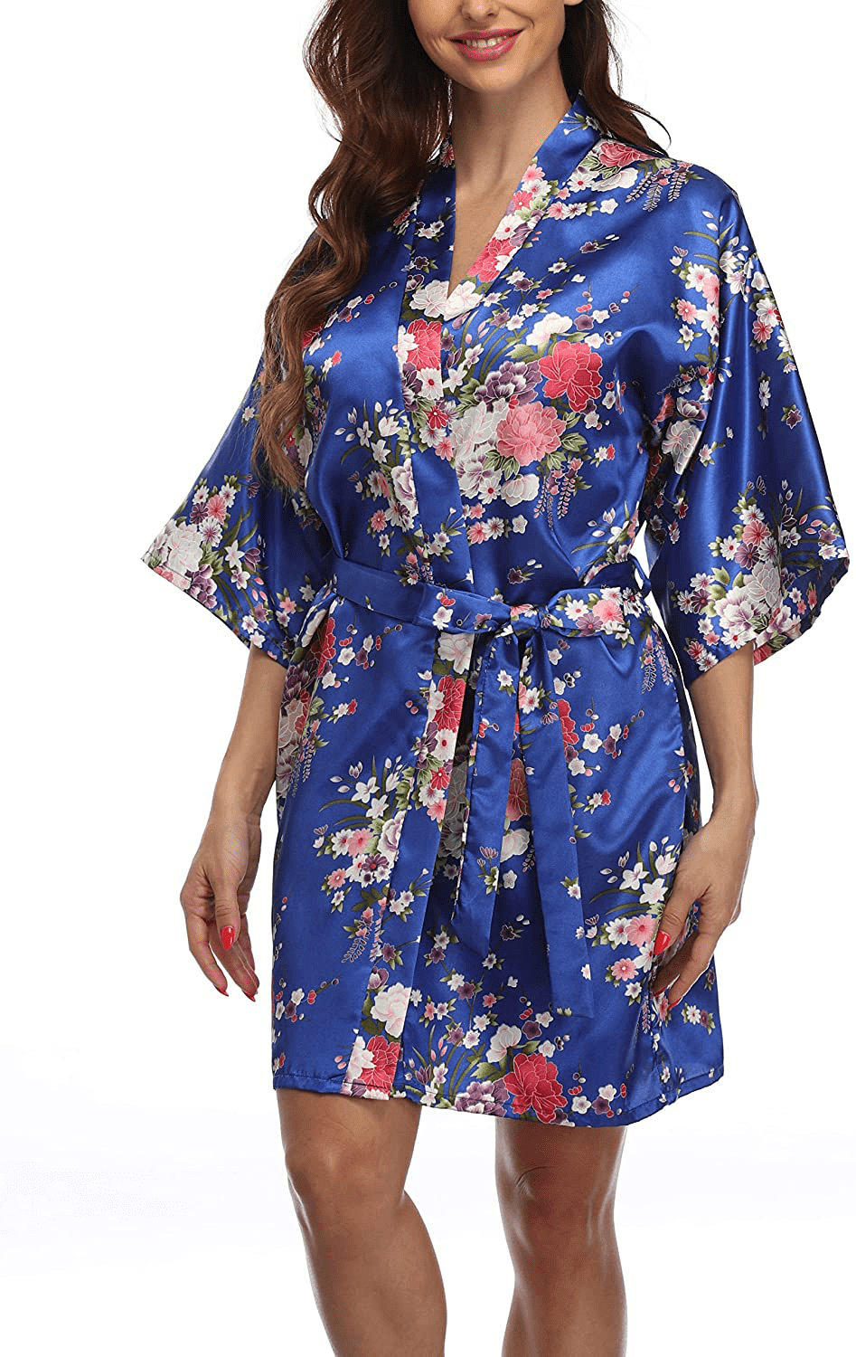Women'S Short Floral Satin Kimono Robe Blossom Bathrobe for Wedding Party Bridal Dressing Gown Sleepwear Apparel & Accessories > Clothing > Sleepwear & Loungewear > Robes GoodmanShop   