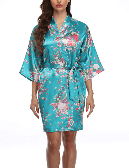 Women'S Short Floral Satin Kimono Robe Blossom Bathrobe for Wedding Party Bridal Dressing Gown Sleepwear Apparel & Accessories > Clothing > Sleepwear & Loungewear > Robes GoodmanShop Blue Large 