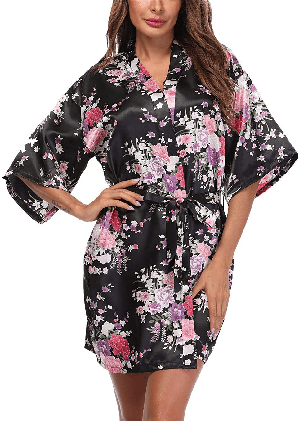 Women'S Short Floral Satin Kimono Robe Blossom Bathrobe for Wedding Party Bridal Dressing Gown Sleepwear Apparel & Accessories > Clothing > Sleepwear & Loungewear > Robes GoodmanShop Black X-Large 