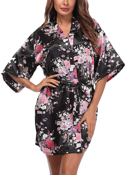 Women'S Short Floral Satin Kimono Robe Blossom Bathrobe for Wedding Party Bridal Dressing Gown Sleepwear Apparel & Accessories > Clothing > Sleepwear & Loungewear > Robes GoodmanShop Black X-Large 