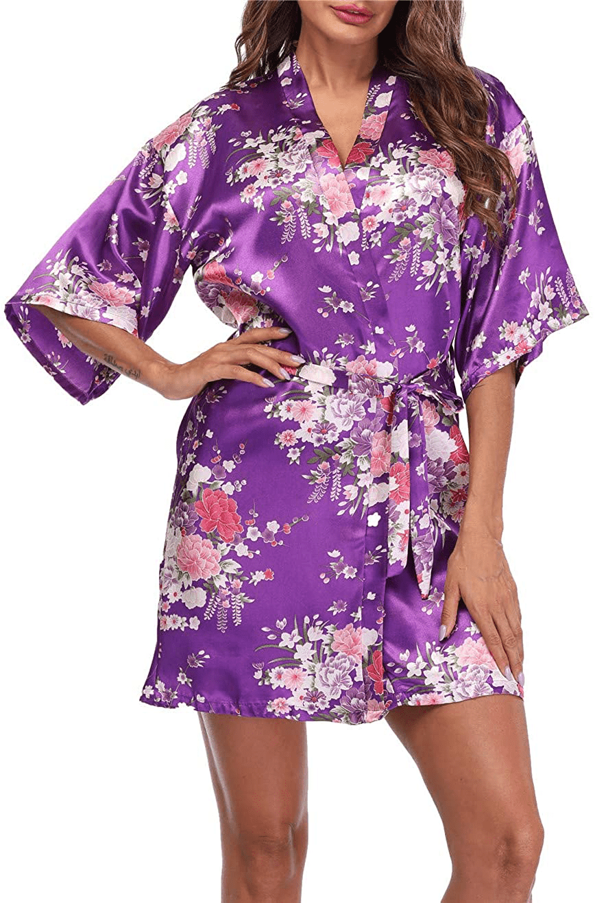 Women'S Short Floral Satin Kimono Robe Blossom Bathrobe for Wedding Party Bridal Dressing Gown Sleepwear Apparel & Accessories > Clothing > Sleepwear & Loungewear > Robes GoodmanShop Purple Medium 