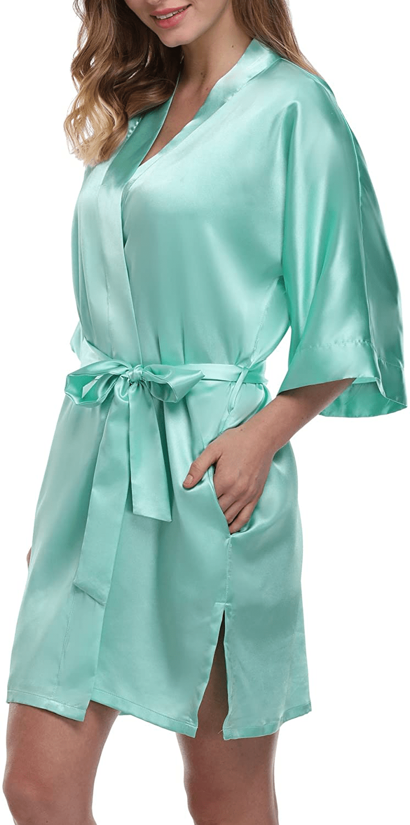 Women'S Short Kimono Robe Pure Color Silky Bathrobe Bridal Party Dressing Gown Apparel & Accessories > Clothing > Sleepwear & Loungewear > Robes expressbuynow Pure Color-mint Green XX-Large 