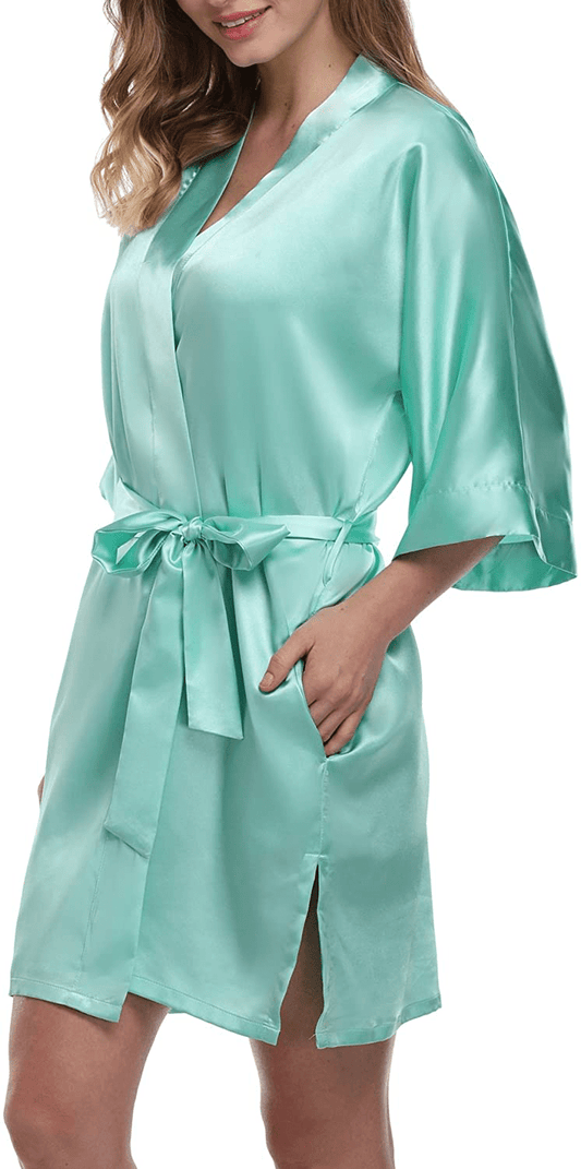 Women'S Short Kimono Robe Pure Color Silky Bathrobe Bridal Party Dressing Gown Apparel & Accessories > Clothing > Sleepwear & Loungewear > Robes expressbuynow Pure Color-mint Green XX-Large 