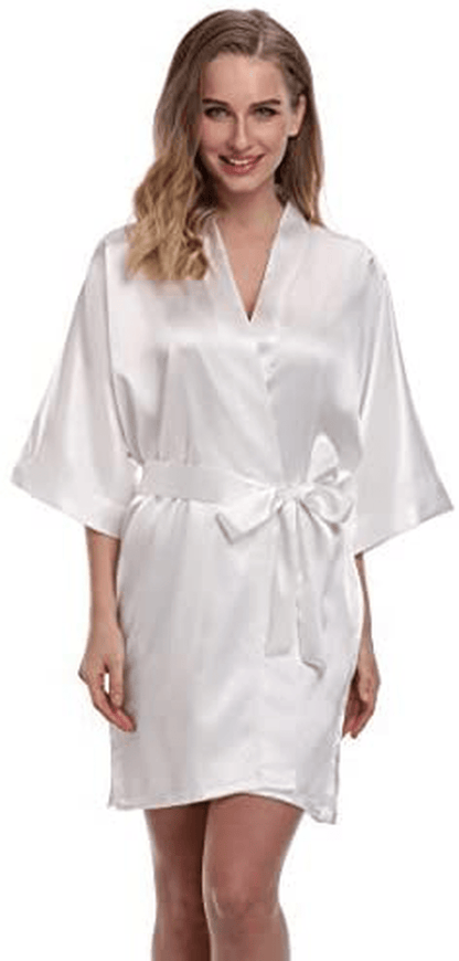 Women'S Short Kimono Robe Pure Color Silky Bathrobe Bridal Party Dressing Gown Apparel & Accessories > Clothing > Sleepwear & Loungewear > Robes expressbuynow Pure Color-white Large 