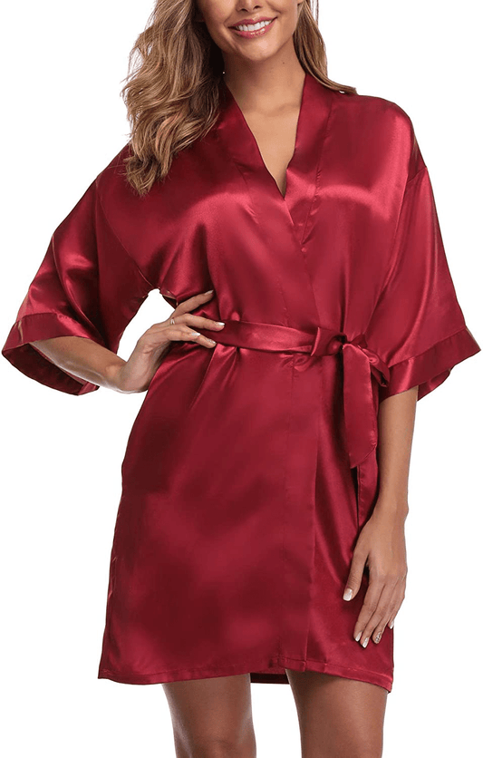 Women'S Short Satin Kimono Robes Pure Color Bridesmaid Wedding Party Bathrobe Sleepwear Apparel & Accessories > Clothing > Sleepwear & Loungewear > Robes Corset Outlet Wine Medium 