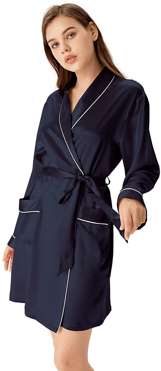 Women'S Short Silk Kimono Robe, a Three-Quarter Length V-Neck Silk Nightgown 100% Mulberry Silk Robes with White Trimmed Apparel & Accessories > Clothing > Sleepwear & Loungewear > Robes sericum Navy X-Large 