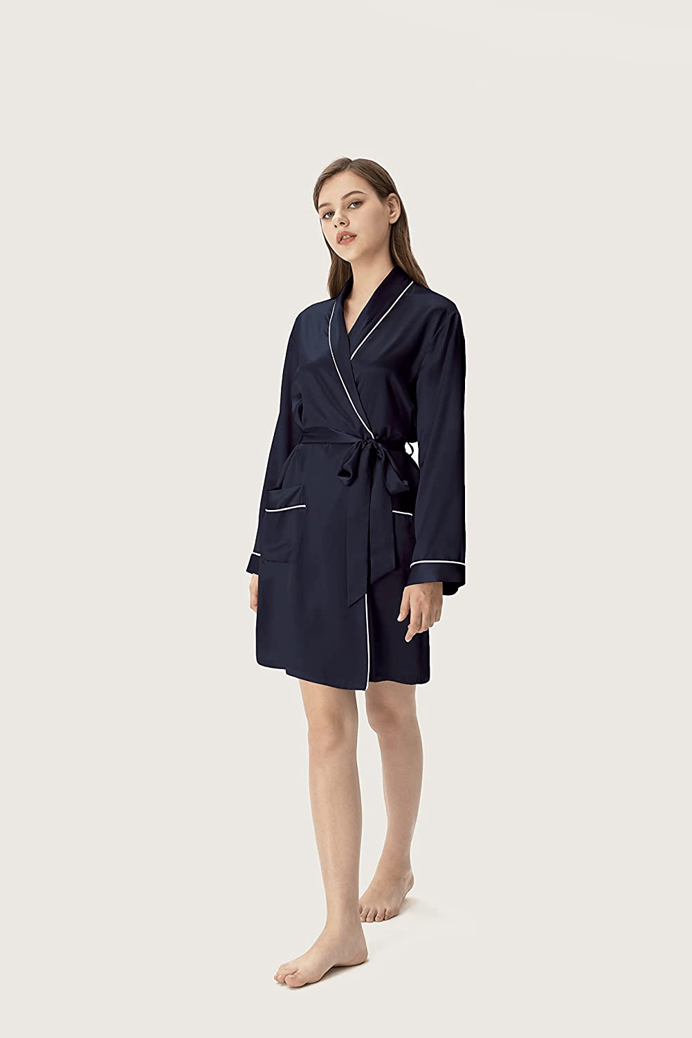 Women'S Short Silk Kimono Robe, a Three-Quarter Length V-Neck Silk Nightgown 100% Mulberry Silk Robes with White Trimmed Apparel & Accessories > Clothing > Sleepwear & Loungewear > Robes sericum   