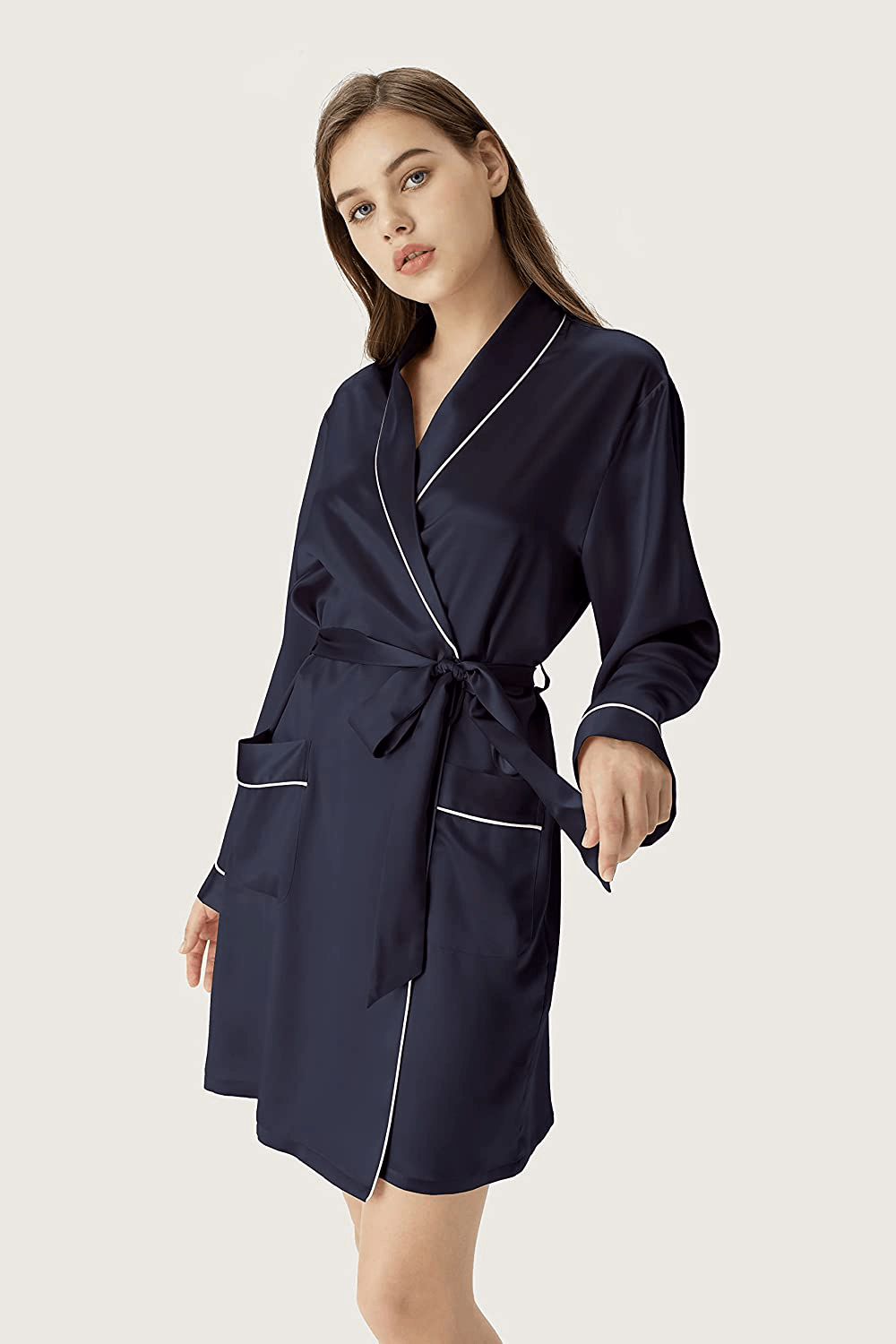 Women'S Short Silk Kimono Robe, a Three-Quarter Length V-Neck Silk Nightgown 100% Mulberry Silk Robes with White Trimmed Apparel & Accessories > Clothing > Sleepwear & Loungewear > Robes sericum   