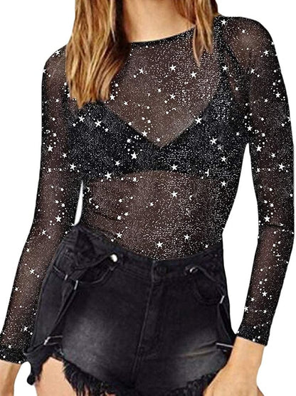 Women'S Short Sleeve Long Sleeve Bodycon Clubwear Sheer Pure Mesh Tops T Shirts 1028s (Silver Glitter) / X-Small