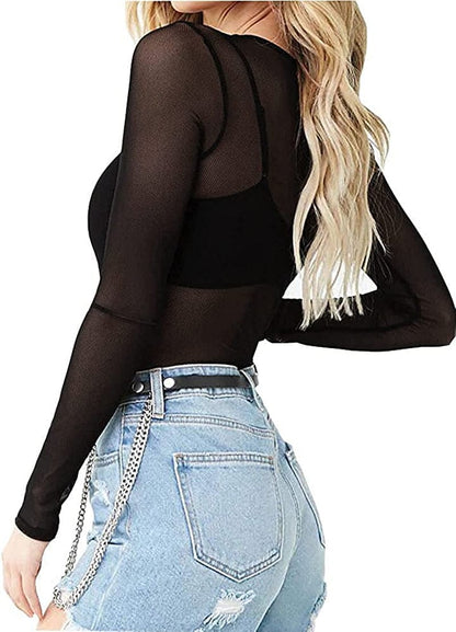 Women'S Short Sleeve Long Sleeve Bodycon Clubwear Sheer Pure Mesh Tops T Shirts