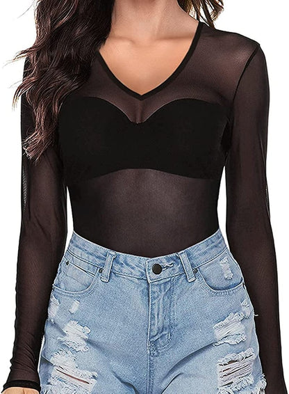 Women'S Short Sleeve Long Sleeve Bodycon Clubwear Sheer Pure Mesh Tops T Shirts 1065 (Black) / X-Small