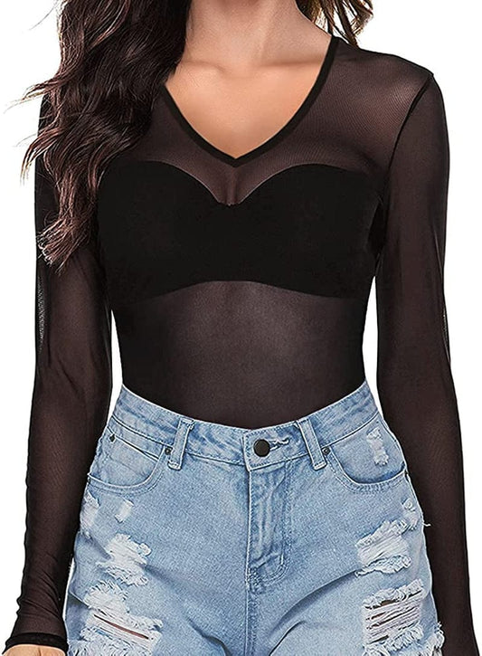 Women'S Short Sleeve Long Sleeve Bodycon Clubwear Sheer Pure Mesh Tops T Shirts 1065 (Black) / X-Small