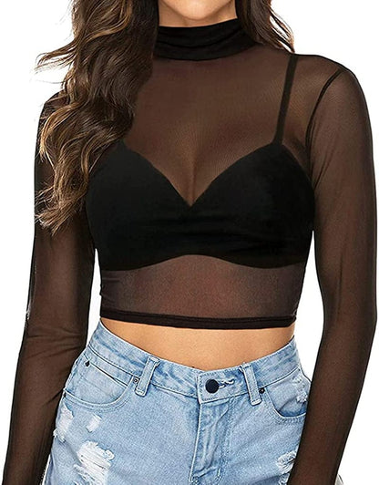 Women'S Short Sleeve Long Sleeve Sheer Mesh Crop Tops Tee Shirt Blouse 0-1058 (Black) / Large