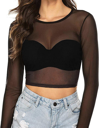 Women'S Short Sleeve Long Sleeve Sheer Mesh Crop Tops Tee Shirt Blouse 0-1059 (Black) / Large