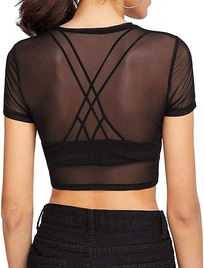 Women'S Short Sleeve Long Sleeve Sheer Mesh Crop Tops Tee Shirt Blouse