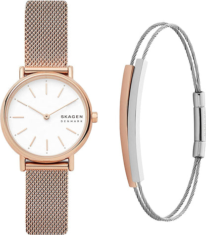Women'S Signatur Quartz Analog Stainless Steel and Leather Watch, Color: Blue/Rose Gold (Model: SKW2838) Rose Watch + Bracelet Bundle