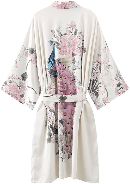 Women'S Silky Satin Kimono Robes Short with Peacock and Floral Printed Bathrobe Nightgown for Bride Bridesmaids Wedding Party Apparel & Accessories > Clothing > Sleepwear & Loungewear > Robes Umjetnost White  