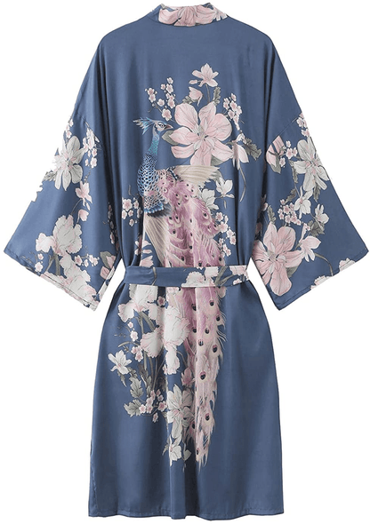 Women'S Silky Satin Kimono Robes Short with Peacock and Floral Printed Bathrobe Nightgown for Bride Bridesmaids Wedding Party Apparel & Accessories > Clothing > Sleepwear & Loungewear > Robes Umjetnost Marine Blue  
