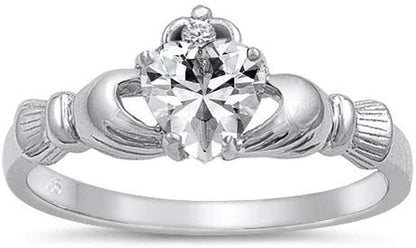Women'S Silver Claddagh Celtic Irish Fashion Comfort Statement Love Ring Clear CZ Sterling Silver / 6