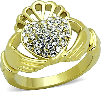 Women'S Silver Claddagh Celtic Irish Fashion Comfort Statement Love Ring Pave CZ Gold / 8