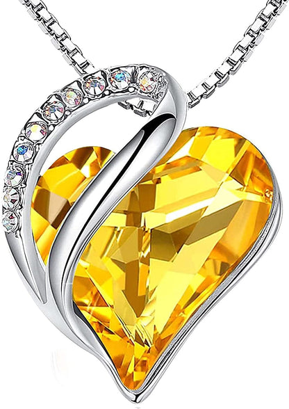 Women’S Silver Plated Infinity Love Heart Pendant Necklace with Birthstone Crystals, Jewelry Gifts for Her, 18 + 2 Inch Chain, Anniversary Birthday Mother'S Necklaces for Wife Mom Girlfriend 11b-November-Citrine Yellow