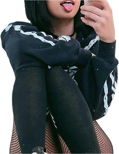 Women'S Skeleton Print Crop Top Gothic Punk Hoodies Bandage Casual Pullover Long Sleeve Relaxed Fit Sweatshirts