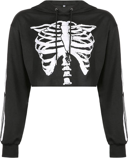 Women'S Skeleton Print Crop Top Gothic Punk Hoodies Bandage Casual Pullover Long Sleeve Relaxed Fit Sweatshirts
