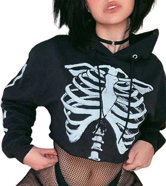 Women'S Skeleton Print Crop Top Gothic Punk Hoodies Bandage Casual Pullover Long Sleeve Relaxed Fit Sweatshirts Black / Small