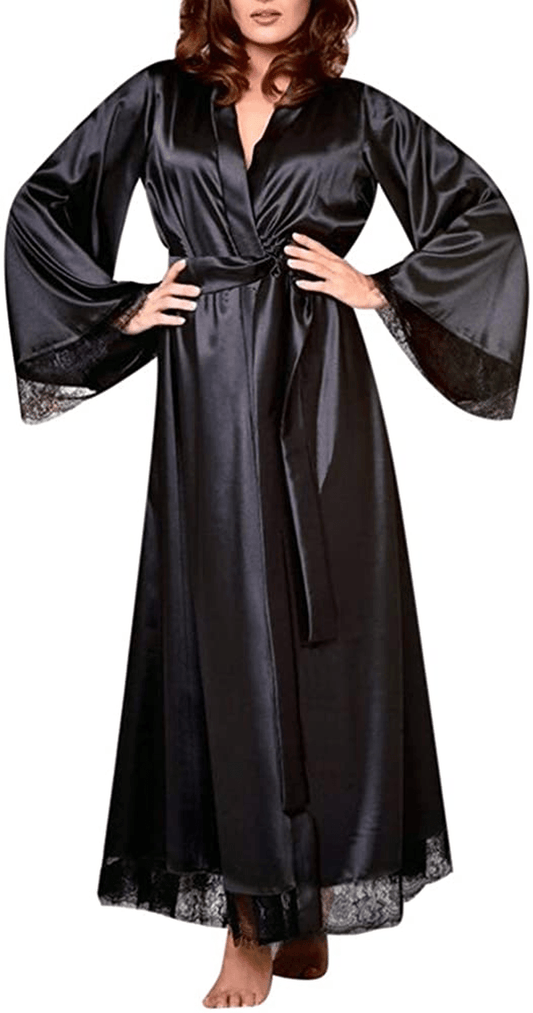 Women'S Sleepwear Robe,Sexy Lingerie Satin Negligees Long Sleeve Nightgowns Loungewear Bathrobe Pajamas Baby Dolls Chemises Apparel & Accessories > Clothing > Underwear & Socks > Shapewear AKshehe Black XX-Large 