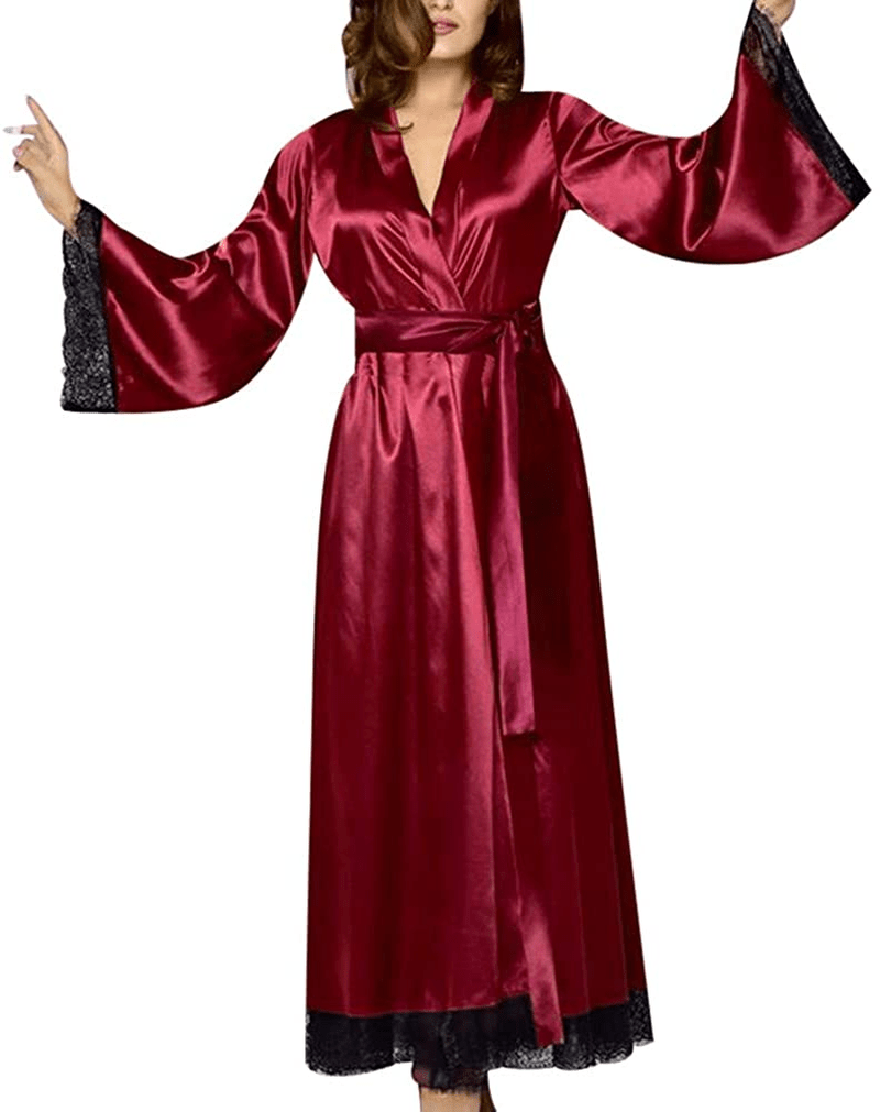 Women'S Sleepwear Robe,Sexy Lingerie Satin Negligees Long Sleeve Nightgowns Loungewear Bathrobe Pajamas Baby Dolls Chemises Apparel & Accessories > Clothing > Underwear & Socks > Shapewear AKshehe Wine Medium 